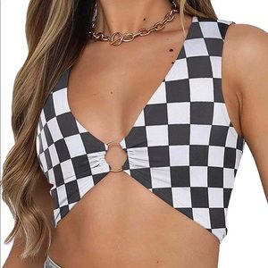 Black and White Checkered Crop Top with Gold Ring Detail